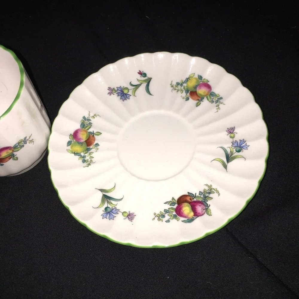 Spode Miniature Cup and Saucer, Fruit Scallop Design with Green Border